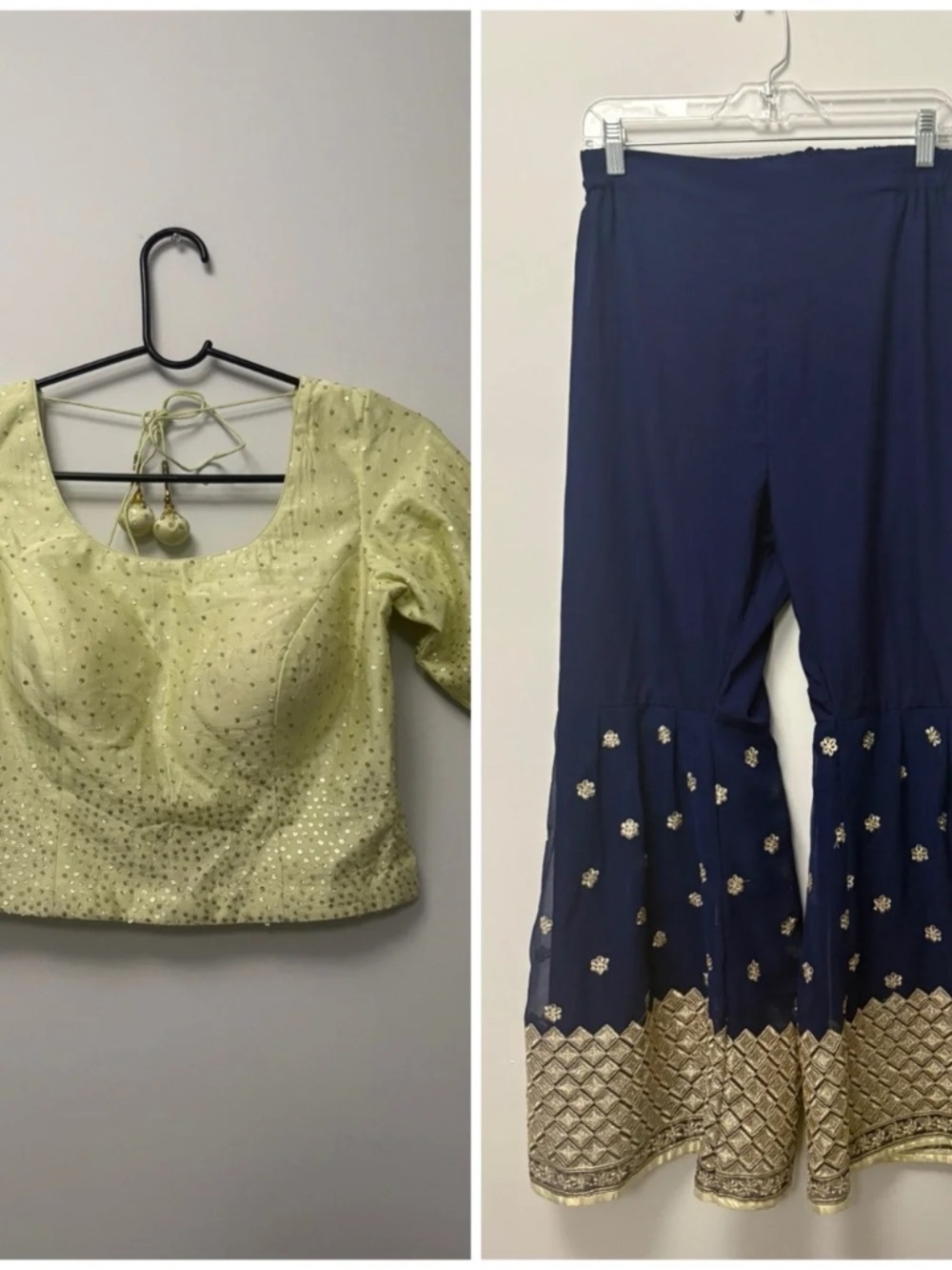 Embellished Navy Sharara Pants with light Green Sequin Blouse wedding desi